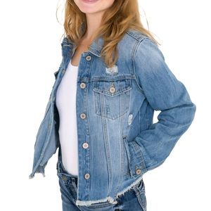 KanCan Los Angeles Distressed Denim Jean Jacket with Destructed Hem Size Large